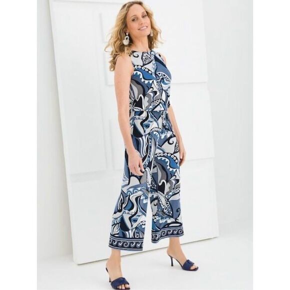 NEW Chico’s Travelers Classic Crop Jumpsuit size 4 US 20 22 White Blue - Picture 1 of 11